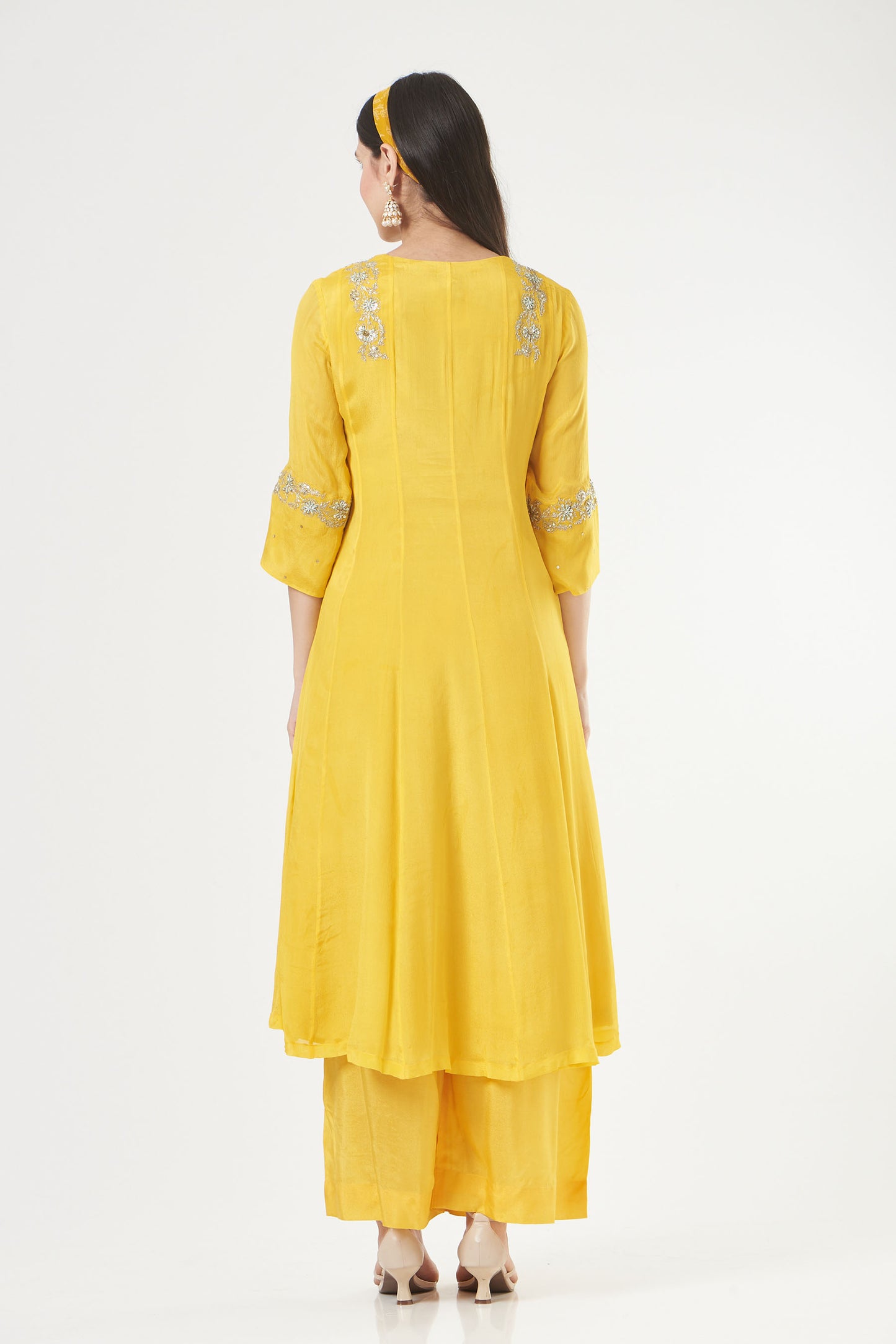 Mustard Chiffon Embroidered Flared Anarkali Set