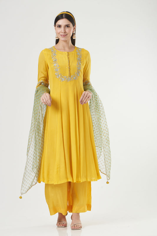 Mustard Chiffon Embroidered Flared Anarkali Set