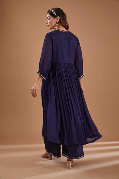 Indigo Chiffon Embroidered Kurta Set