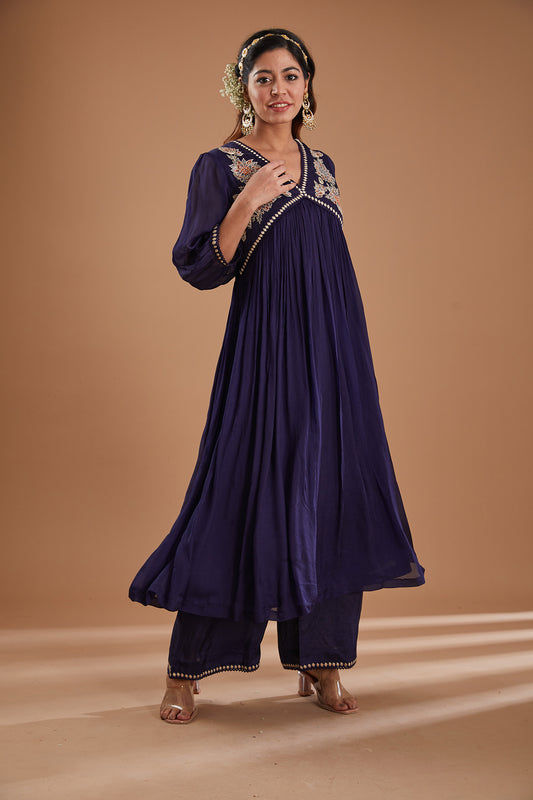 Indigo Chiffon Embroidered Kurta Set