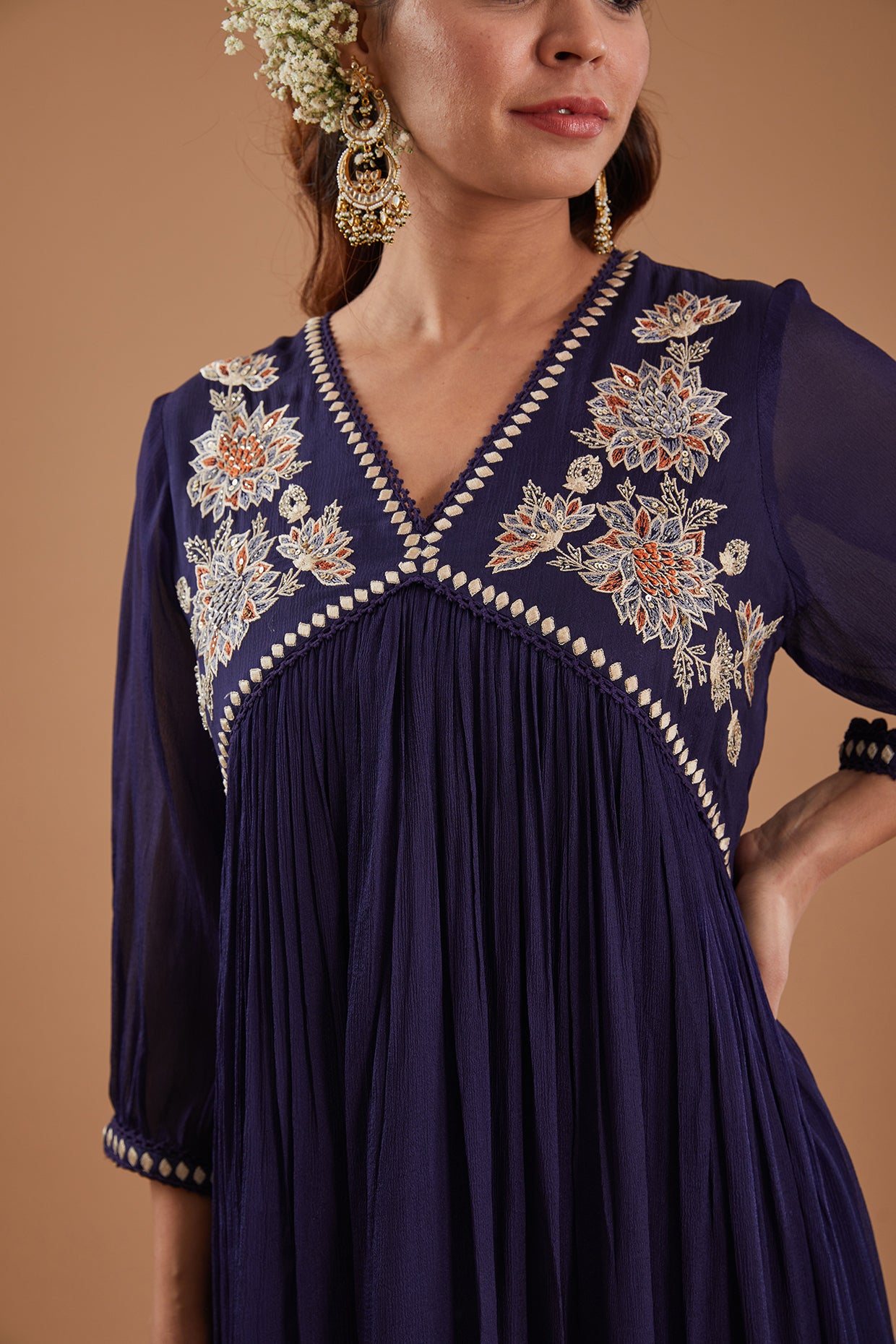 Indigo Chiffon Embroidered Kurta Set