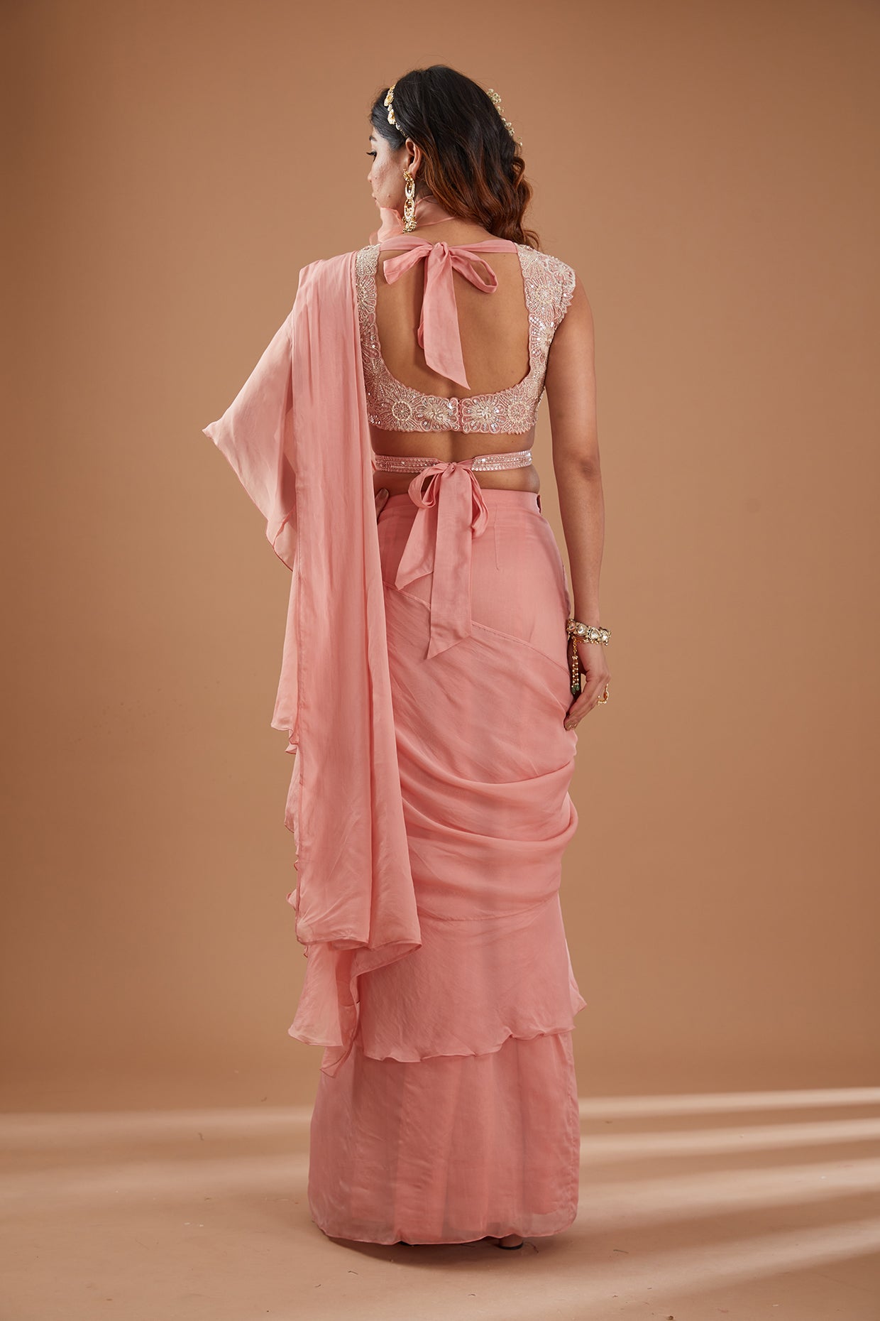 Powder Pink Organza Pre-Draped Ruffle Saree Set