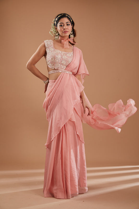 Powder Pink Organza Pre-Draped Ruffle Saree Set