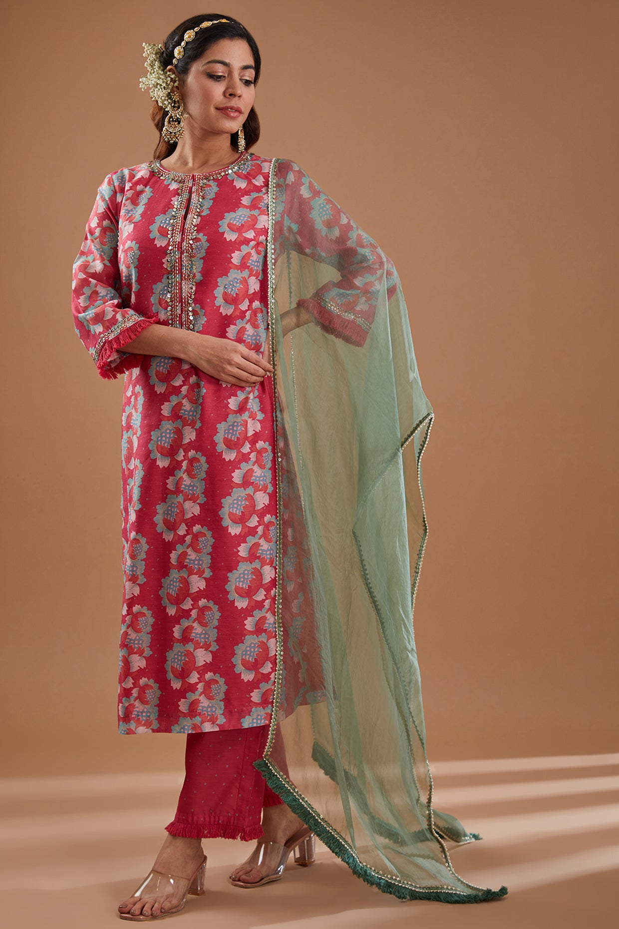 Coral Chanderi Printed Straight Kurta Set