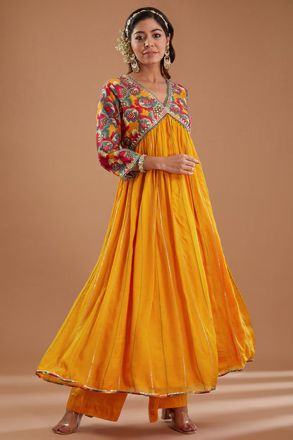 Mustard Printed & Embroidered Anarkali Set