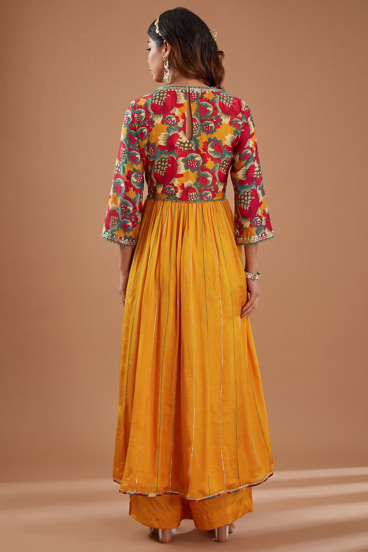 Mustard Printed & Embroidered Anarkali Set