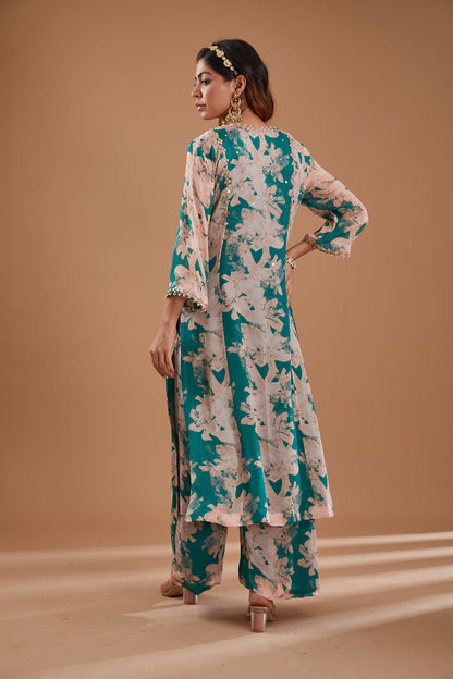 Green Printed & Embroidered Straight Kurta Set