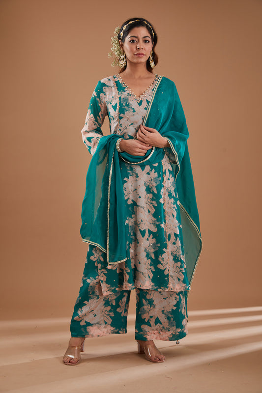 Green Printed & Embroidered Straight Kurta Set