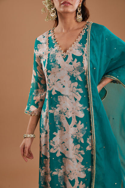 Green Printed & Embroidered Straight Kurta Set