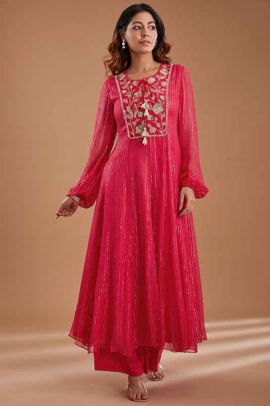 Fuchsia Georgette Embroidered Flared Kurta Set