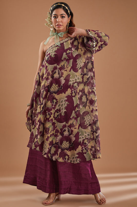 Purple Printed Organza One Shoulder Kaftan Set