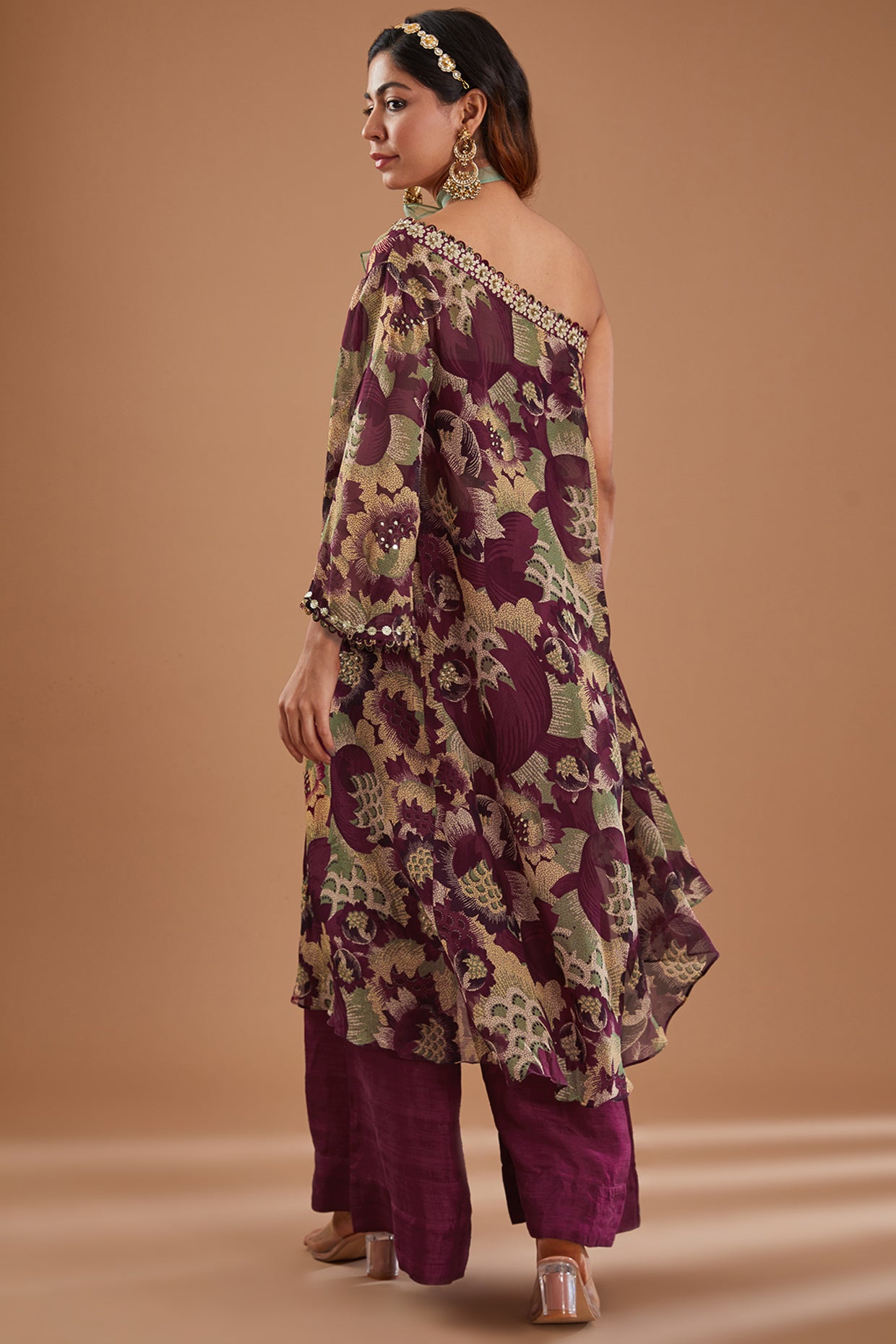 Purple Printed Organza One Shoulder Kaftan Set