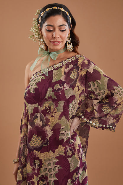 Purple Printed Organza One Shoulder Kaftan Set