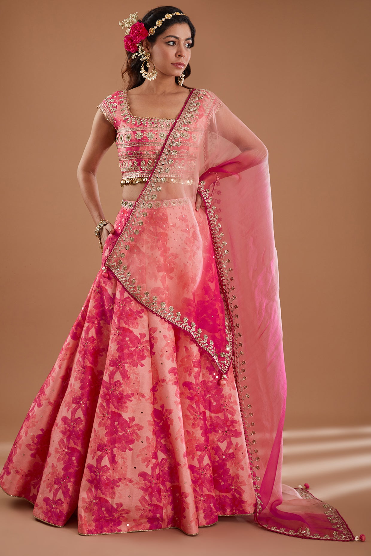 Pink Floral Printed & Embroidered Silk Lehenga Set