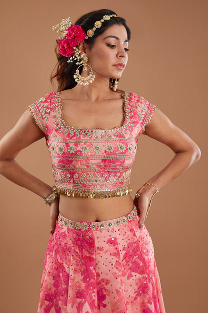 Pink Floral Printed & Embroidered Silk Lehenga Set