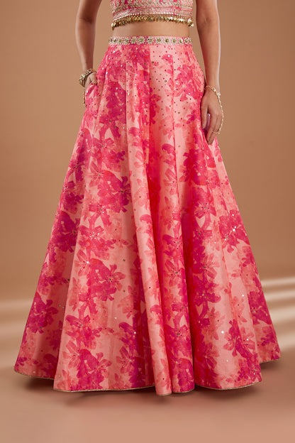 Pink Floral Printed & Embroidered Silk Lehenga Set