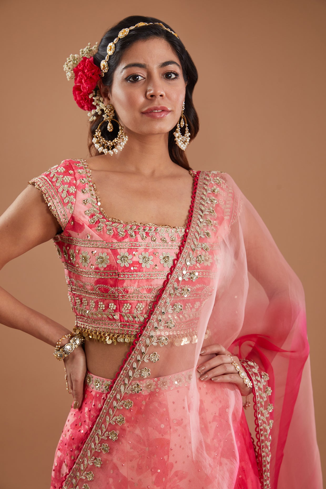 Pink Floral Printed & Embroidered Silk Lehenga Set