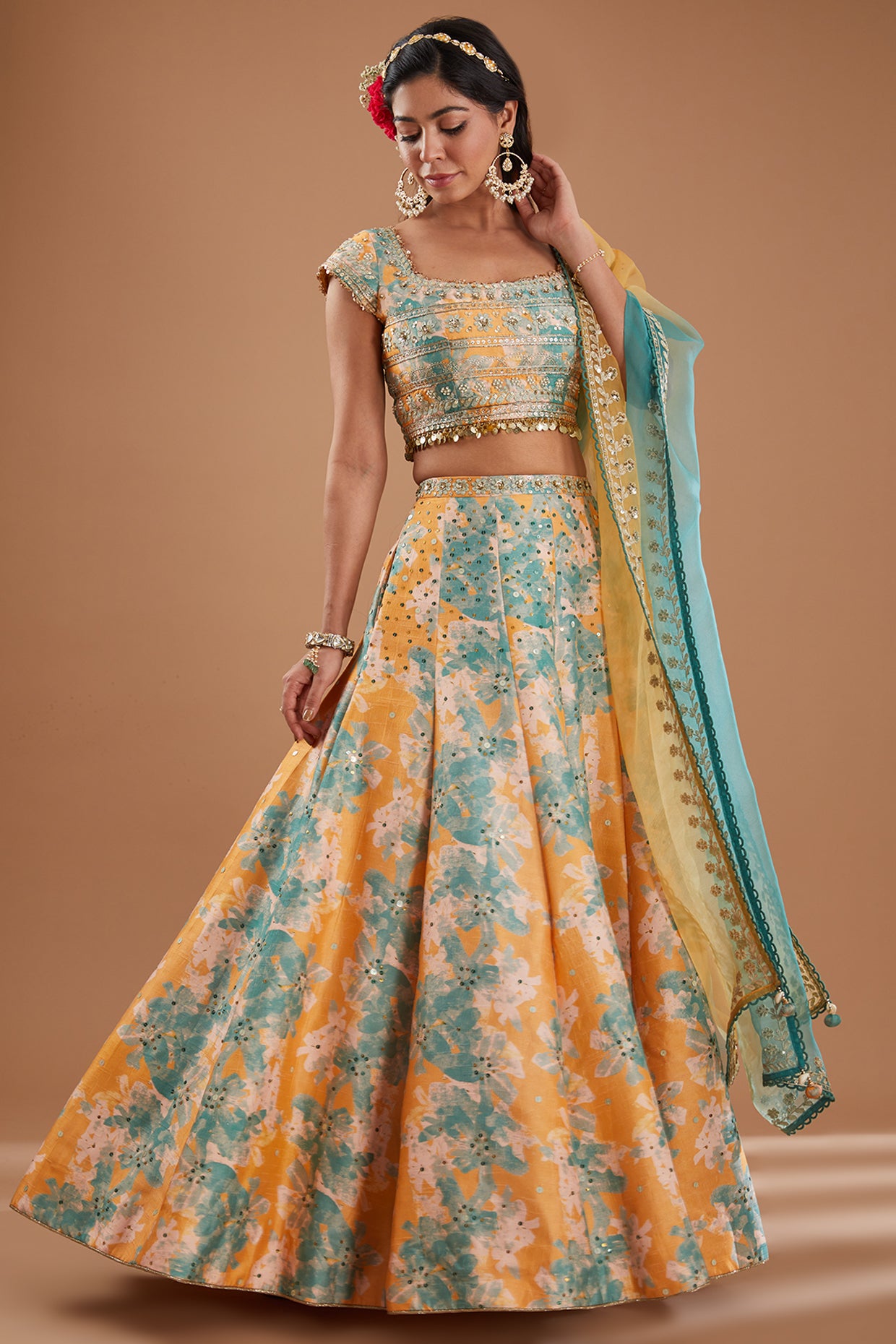 Mango Floral Printed & Embroidered Silk Lehenga Set