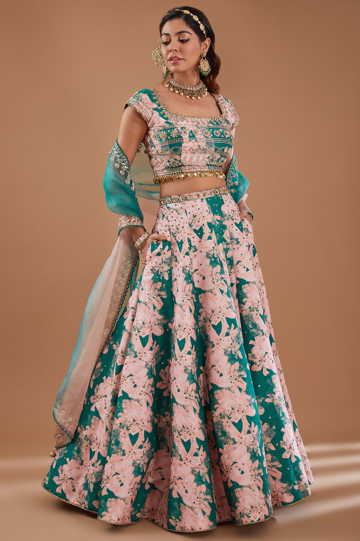 Green Floral Printed & Embroidered Silk Lehenga Set