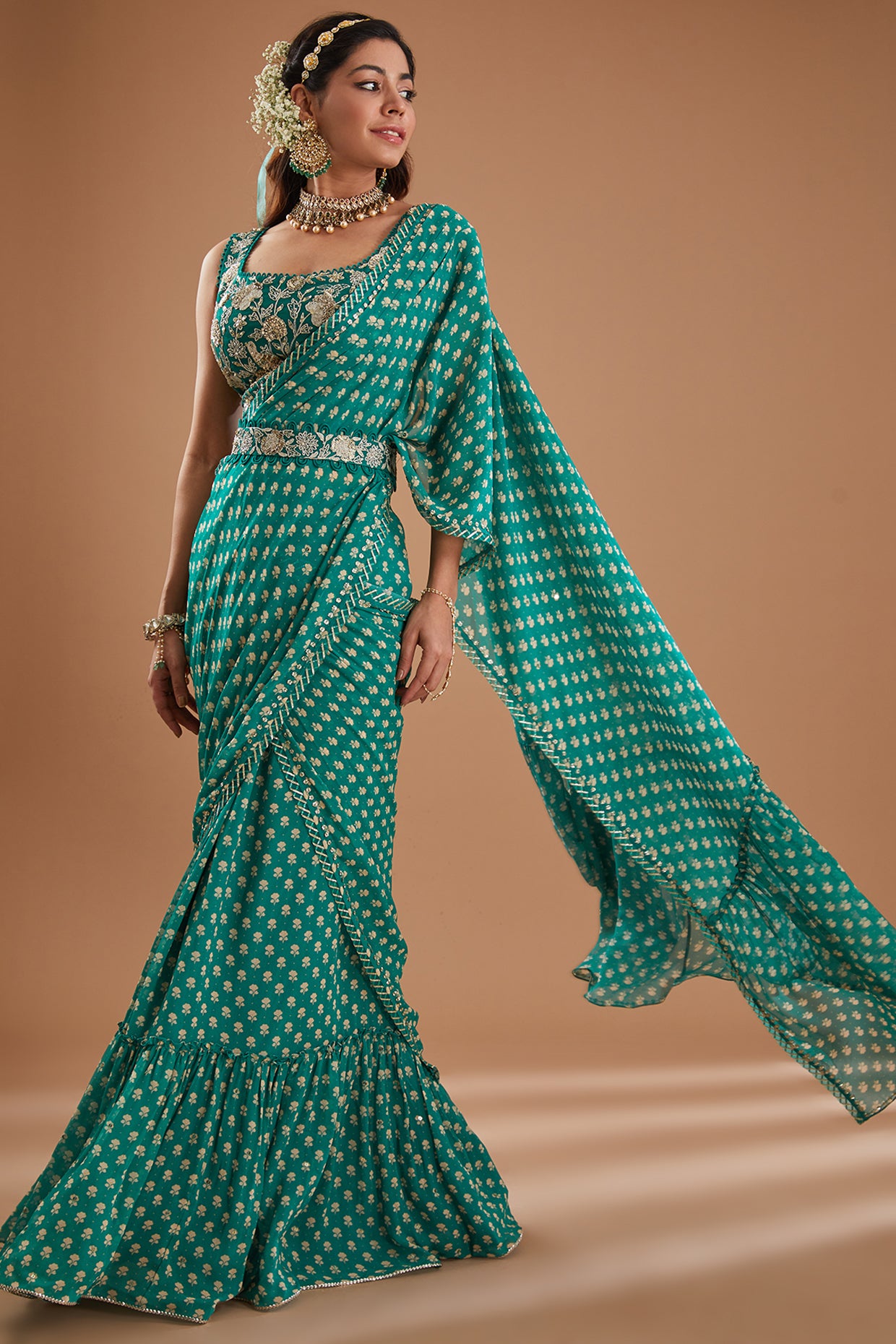 Green Georgette Pre-Draped Saree Set