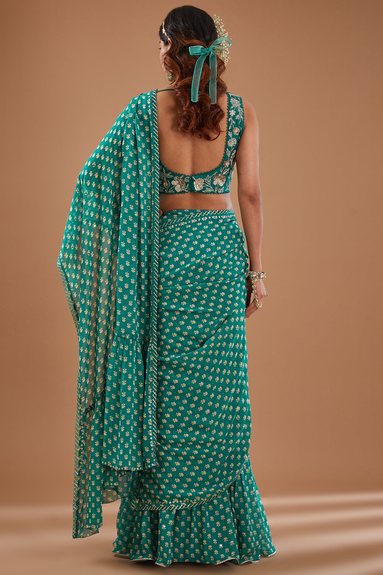 Green Georgette Pre-Draped Saree Set