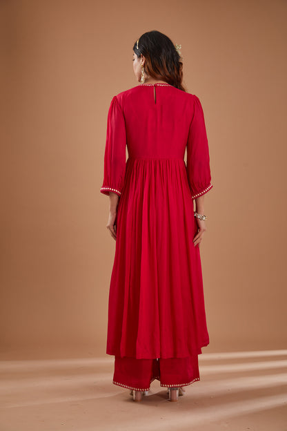 Cherry Red Chiffon Embroidered Kurta Set