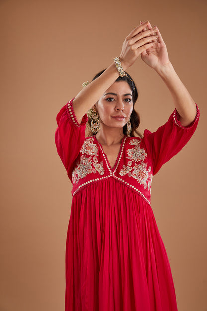 Cherry Red Chiffon Embroidered Kurta Set