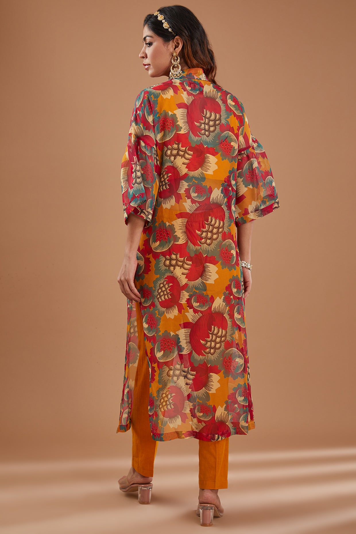 Mustard Organza Printed Tunic Shirt Set