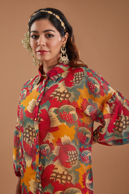 Mustard Organza Printed Tunic Shirt Set