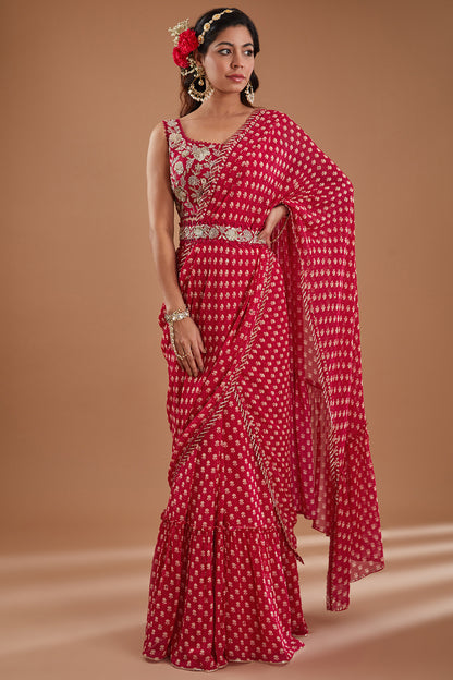 Cherry Georgette Pre-Draped Saree Set