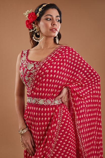 Cherry Georgette Pre-Draped Saree Set