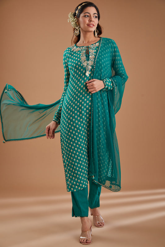 Green Printed & Embroidered Georgette Kurta Set