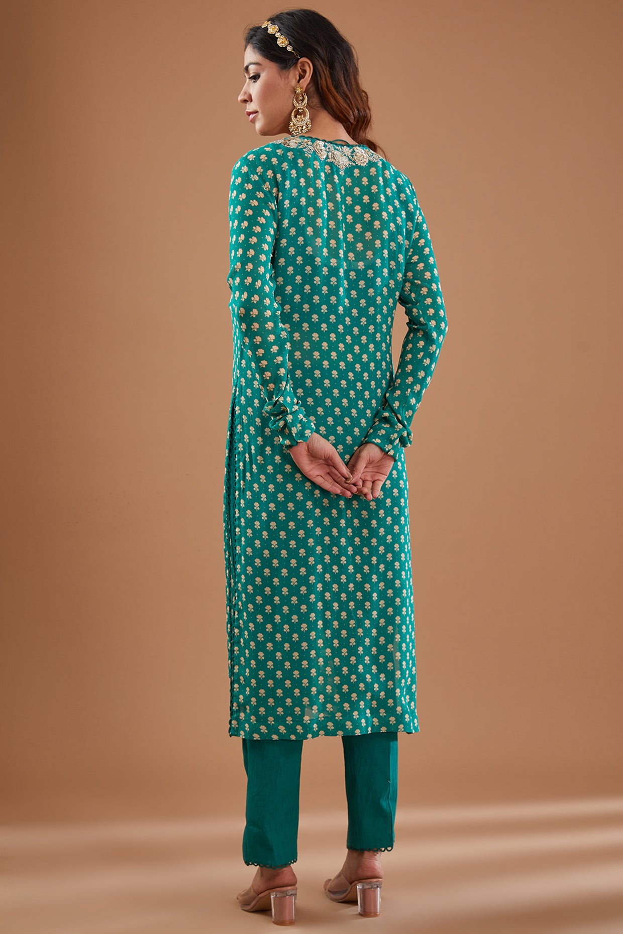 Green Printed & Embroidered Georgette Kurta Set