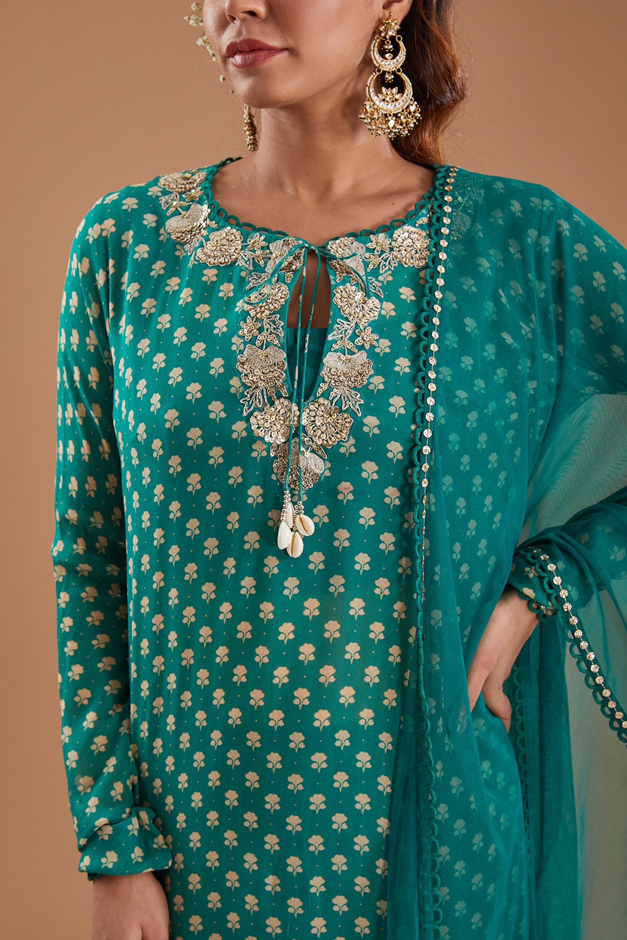 Green Printed & Embroidered Georgette Kurta Set