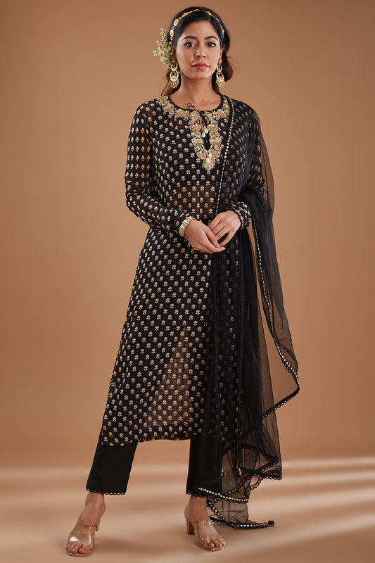 Black Booti Printed Georgette Kurta Set