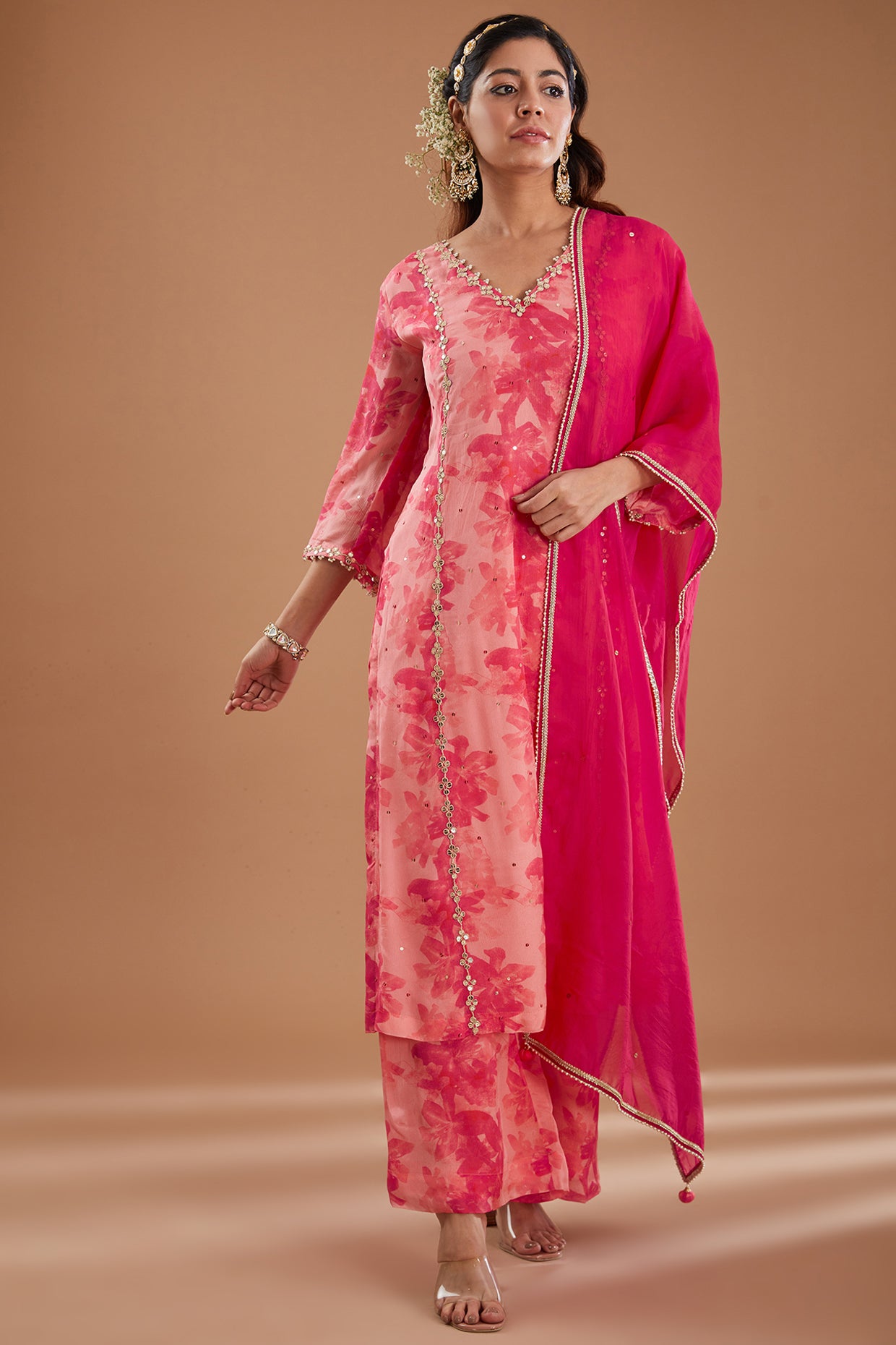 Pink Printed & Embroidered Straight Kurta Set