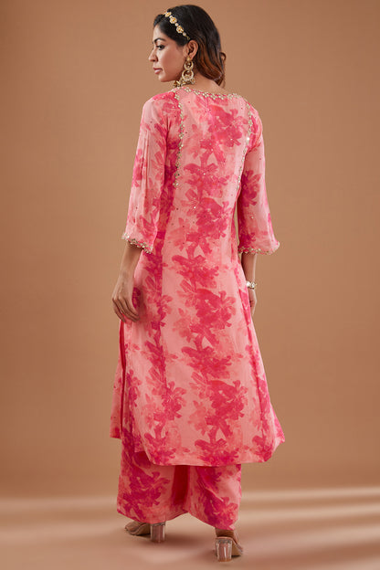 Pink Printed & Embroidered Straight Kurta Set