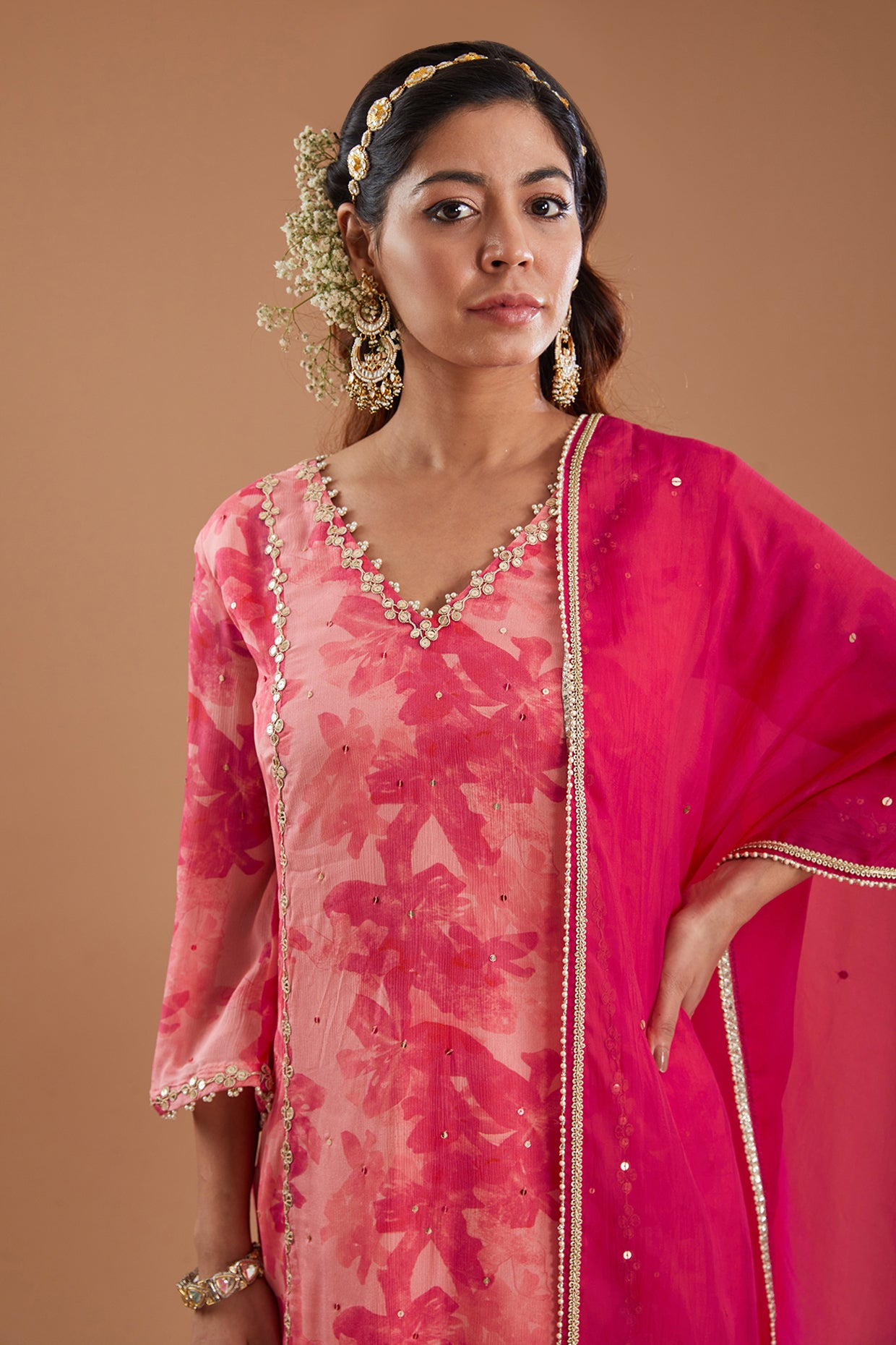 Pink Printed & Embroidered Straight Kurta Set