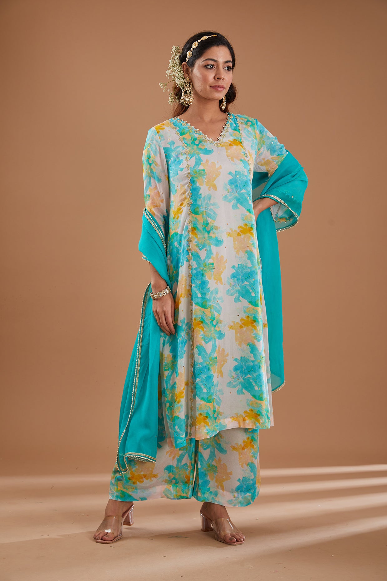 Ecru Printed & Embroidered Straight Kurta Set