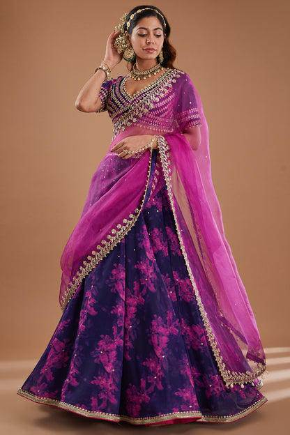 Indigo Printed & Embroidered Organza Lehenga Set