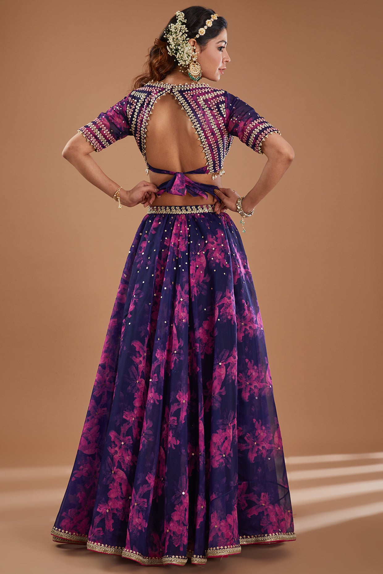 Indigo Printed & Embroidered Organza Lehenga Set