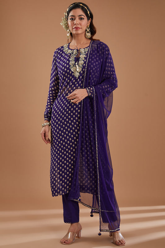 Ink Blue Printed & Embroidered Georgette Kurta Set