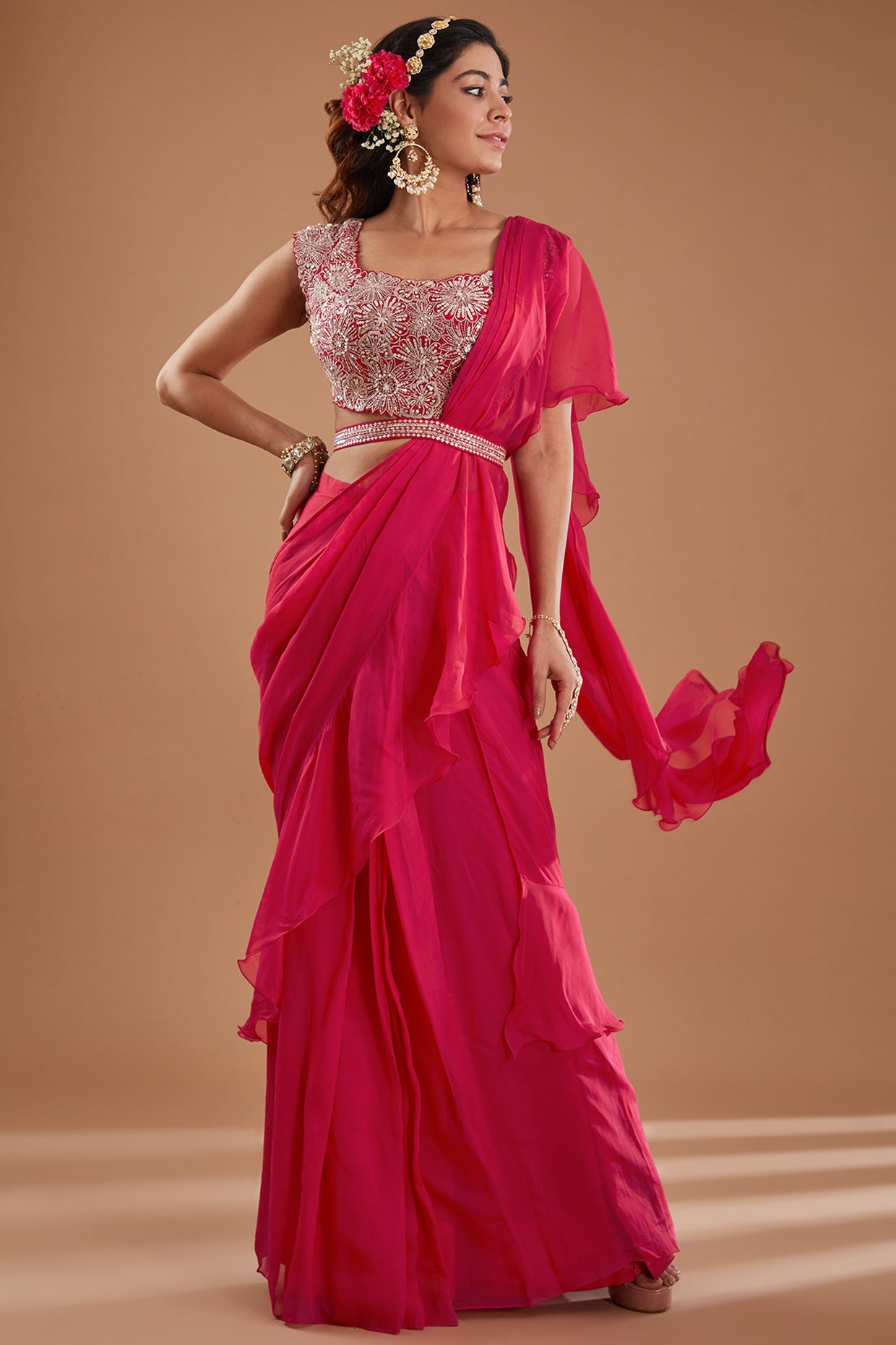 Cherry Organza Pre-Draped Ruffle Saree Set