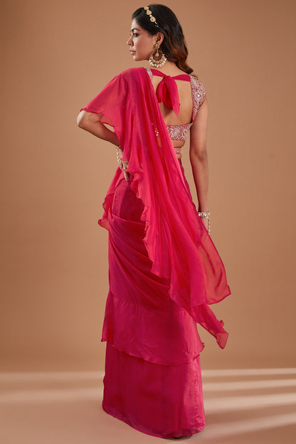 Cherry Organza Pre-Draped Ruffle Saree Set