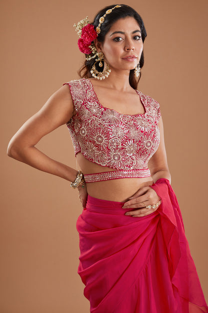 Cherry Organza Pre-Draped Ruffle Saree Set