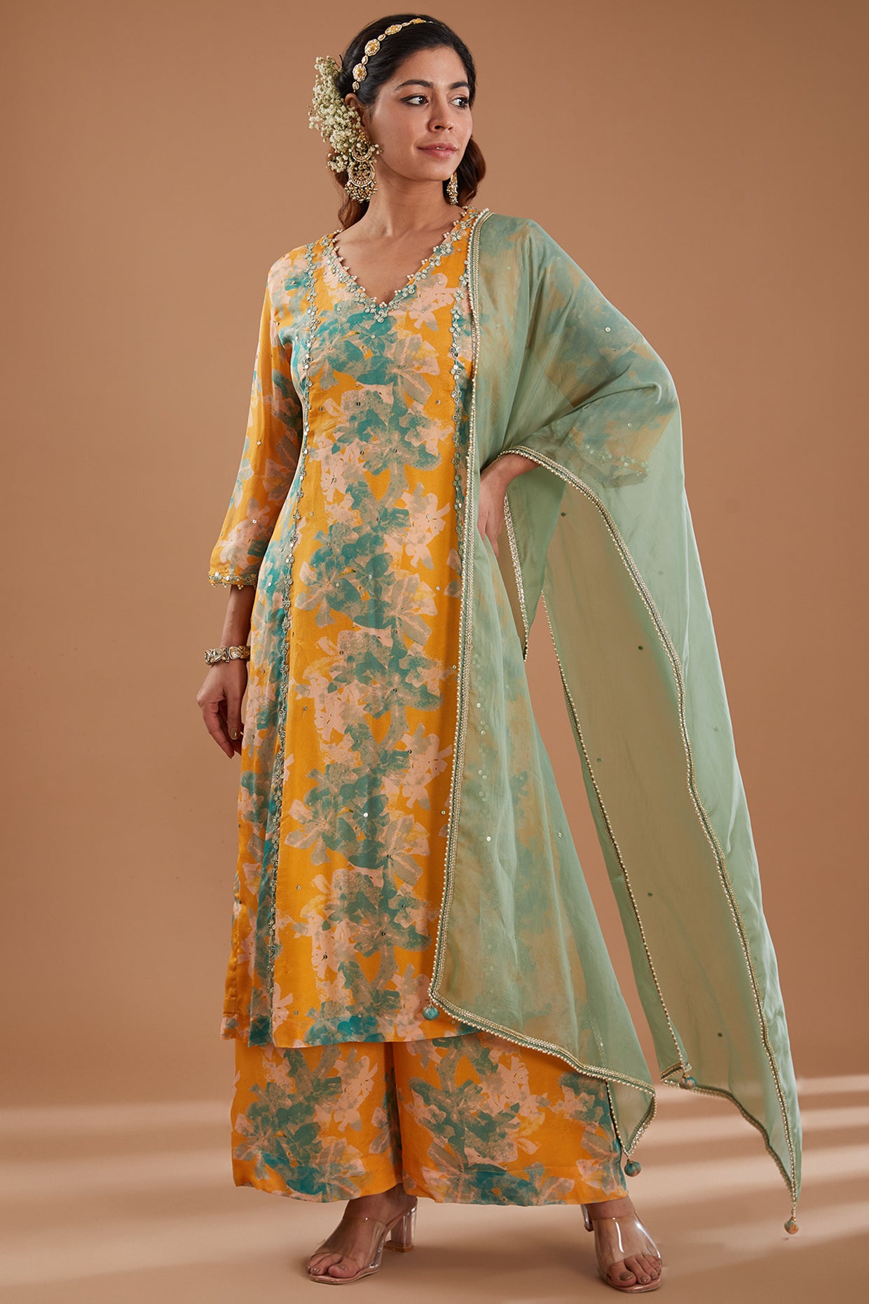 Mustard Printed & Embroidered Straight Kurta Set