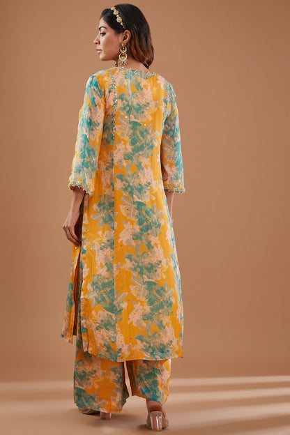 Mustard Printed & Embroidered Straight Kurta Set