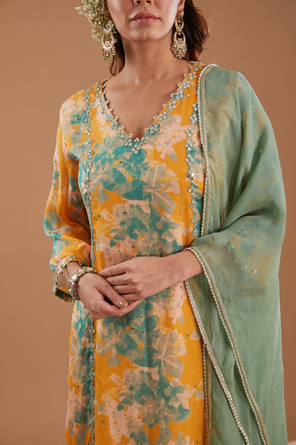 Mustard Printed & Embroidered Straight Kurta Set