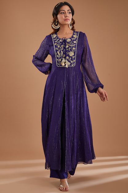 Ink Blue Georgette Embroidered Flared Kurta Set