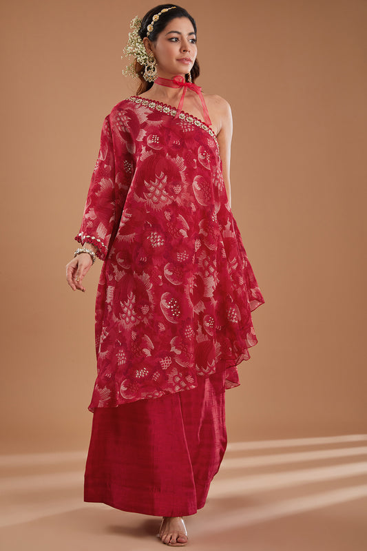 Cherry Printed Organza One Shoulder Kaftan Set